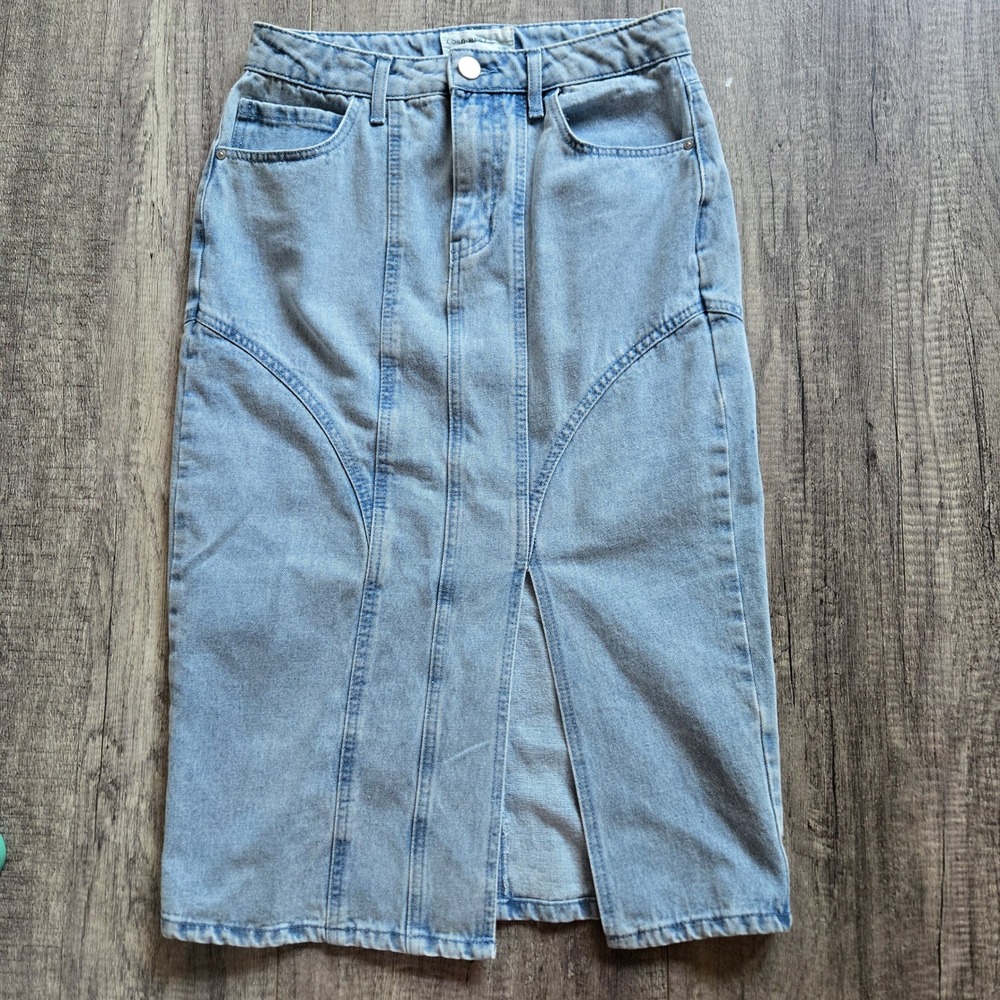 Banjara Juniors Denim Midi Skirt Size 7/27‎ Light Wash Front Slit Panel Seam Y2K